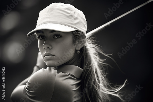 Young and attractive blonde professional female golfer swinging the golf club