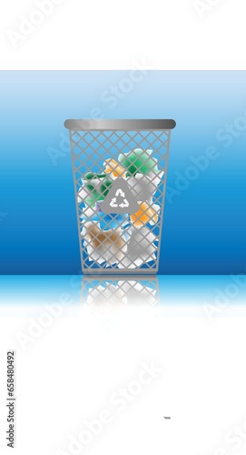 Grid trash can with pile of scrap paper inside in the office