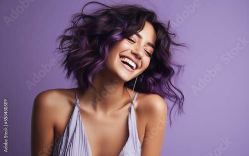 happy fashion girl smiling and wearing bright silk dress