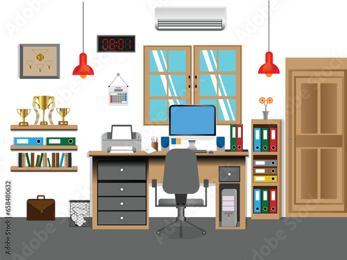 Office room, work form home, a cozy home interior vector illustration 