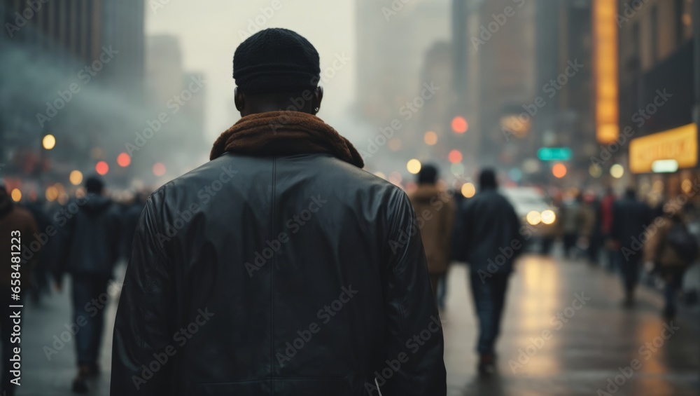 Um homem negro de costas, caminha nas ruas de uma cidade com grande movimento de pedestres - obrazy, fototapety, plakaty 