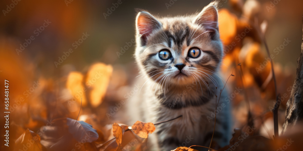 Portrait of a Cat. Cute Little Gray Striped Kitten in autumn leaves look in camera
