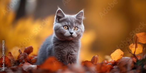 Portrait of a Cat. Cute Gray British Kitten in fallen leaves in autumn park or garden