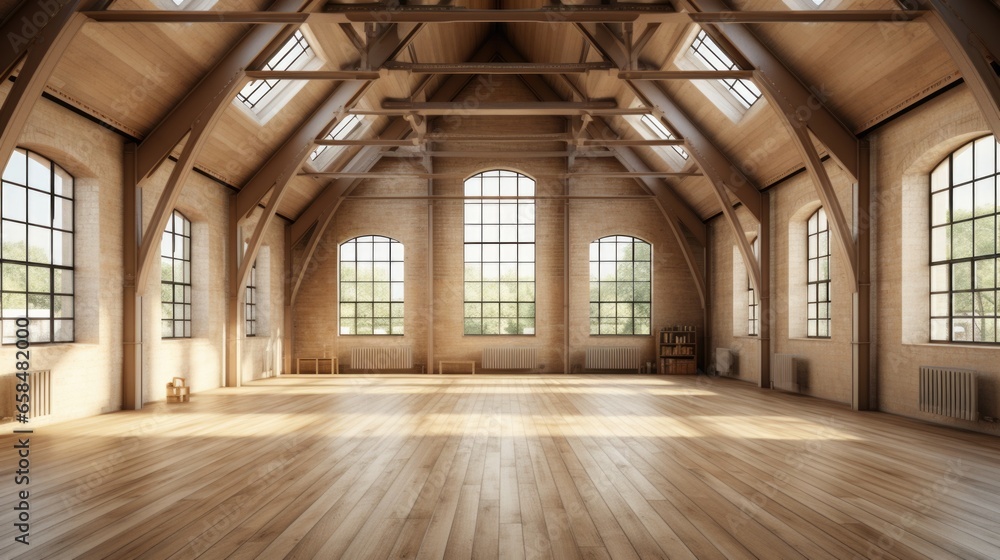 Front view of empty loft interior with wooden floor and large windows.