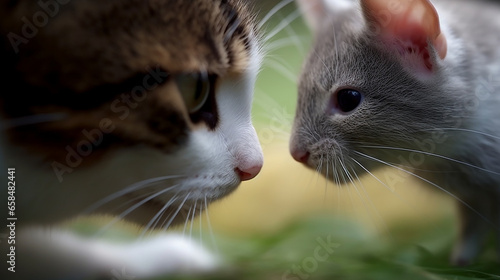 A curious cat engages in a tense staring contest with a fearless mouse. Their eyes lock in a moment of suspense, capturing the classic cat-and-mouse intrigue. photo