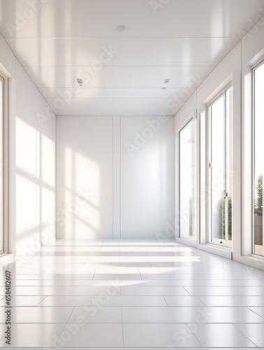 3d rendering of white empty space in room, ceramic tile floor in perspective, window and ceiling strip light. beautiful