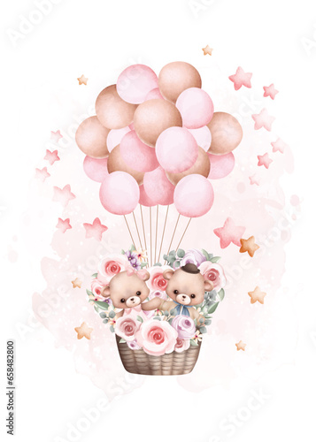 Watercolor illustration set of Teddy Bear Flying with Balloons with Stars