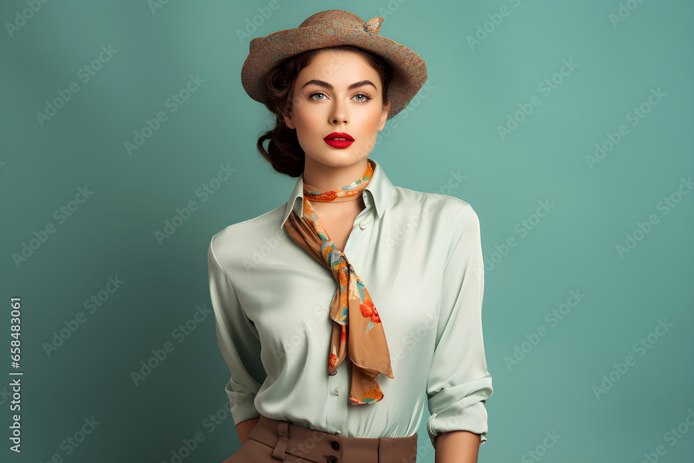 © sam - portrait of a beautiful fashion woman wearing vintage blue clothes and hat on bright blue colour background © sam - portrait of a beautiful fashion woman wearing vintage blue clothes and hat on bright blue colour background