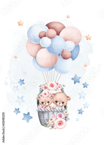 Watercolor illustration set of Teddy Bear Flying with Balloons with Stars