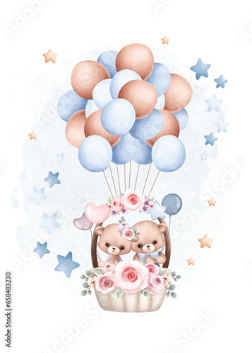 Watercolor illustration set of Teddy Bear Flying with Balloons with Stars
