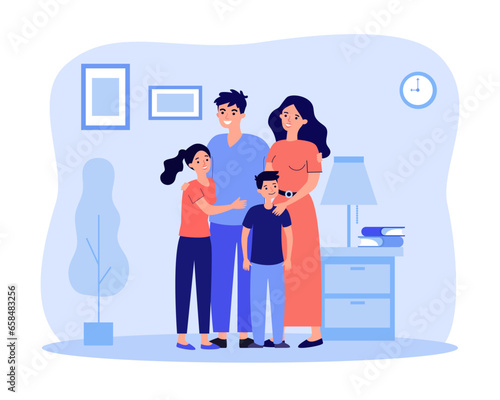 Happy hugging family vector illustration. Parents and children spend time at home, give support and care each other. Time for family bonding