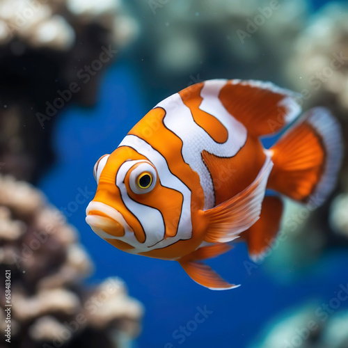 Pez naranja y blanco nadando junto a unos corales 
