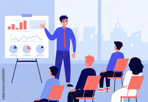 Business coach presenting infographics to student audience vector illustration. Effective communication, active listening, education, business course program, coaching dialogue