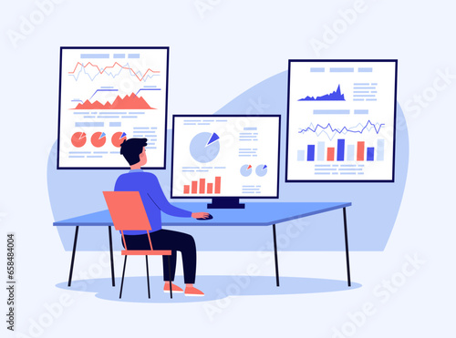 Male analytic analazing flow of data stream vector illustration. Charts, graphs on computer monitor as symbol of data-driven insights. Online consulting, data stream, analytics concept