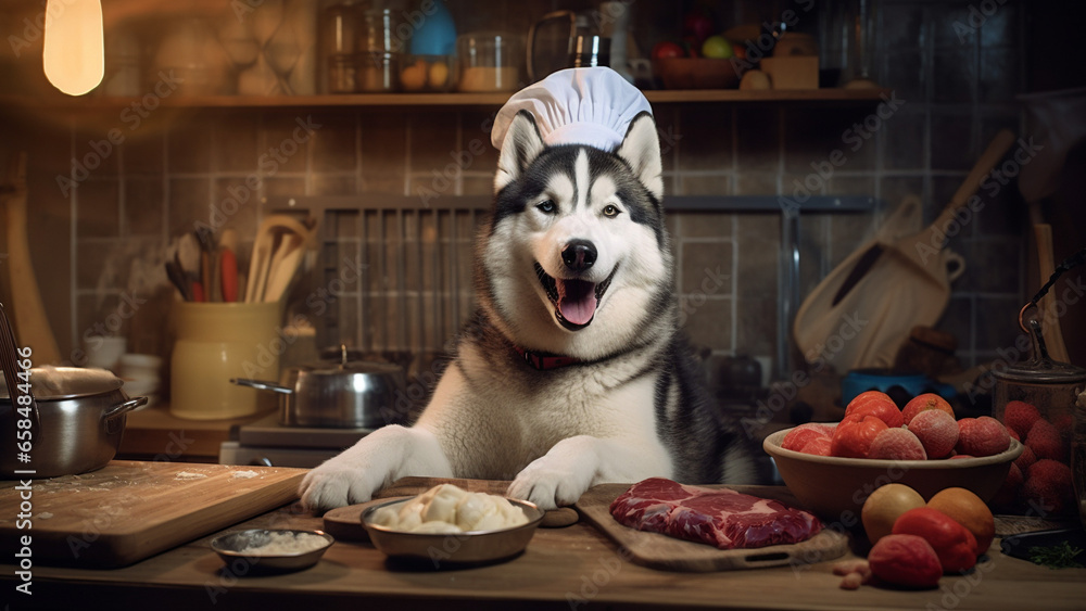 Smiling Siberian Husky in chef costume in the kitchen