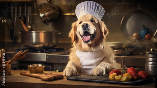 Smiling Golden Retriever in chef costume in the kitchen