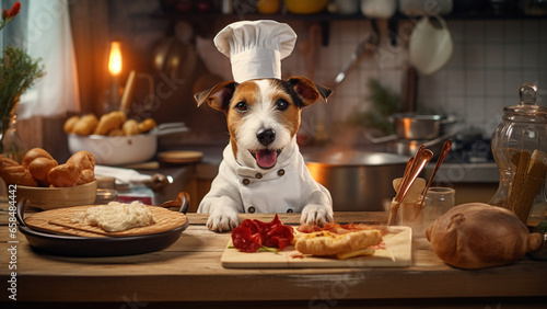 Smiling Jack Russell Terrier in chef costume in the kitchen © Infinindy