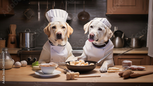 Two Labrador Retrievers in chef costume in the kitchen