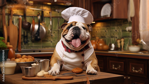 Smiling Bulldog in chef costume in the kitchen © Infinindy