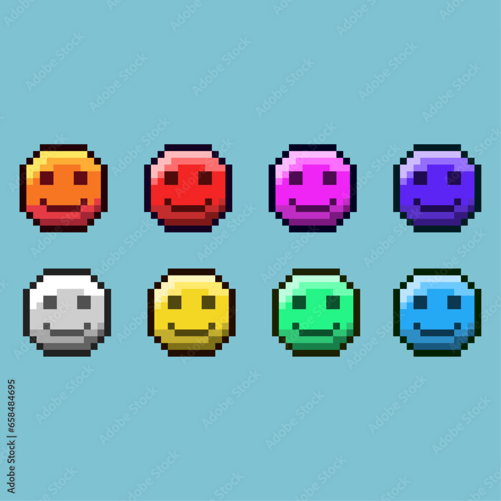 Pixel art sets of emoticon face with variation color item asset. Simple bits of emoticon face on pixelated style. 8bits perfect for game asset or design asset element for your game design asset Pixel art sets of emoticon face with variation color item asset. Simple bits of emoticon face on pixelated style. 8bits perfect for game asset or design asset element for your game design asset