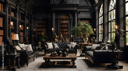 Luxurious black living room interior with black furniture, luxurious and beautiful room concept.