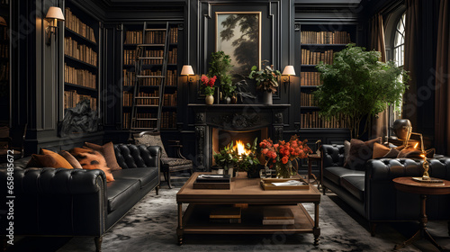 Luxurious black living room interior with black furniture, luxurious and beautiful room concept.