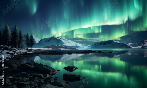  The phenomenon of the Northern Lights, green, blue, and blue lights mixed together, exquisitely beautiful, shining down from the sky onto the river. (7)