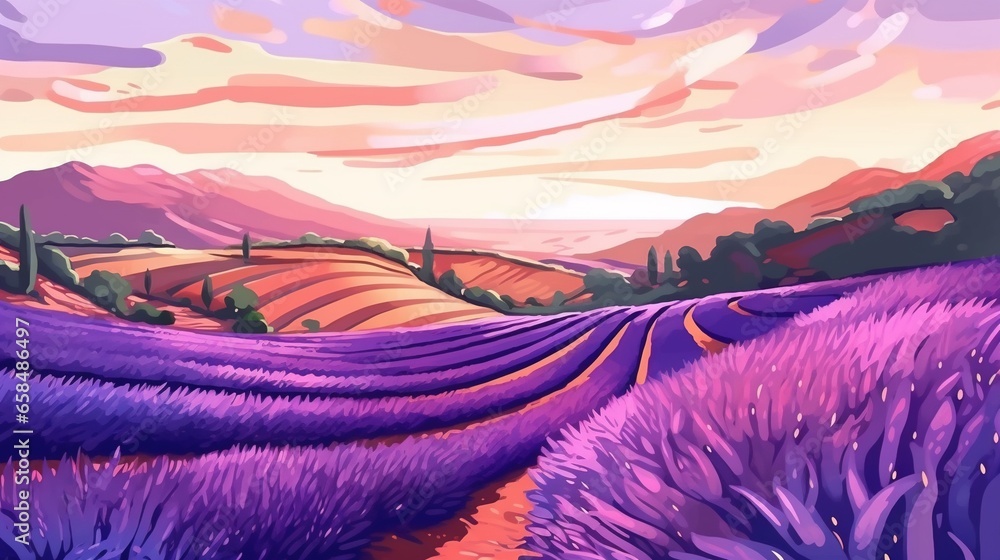 Tranquil lavender fields. Fantasy concept , Illustration painting.