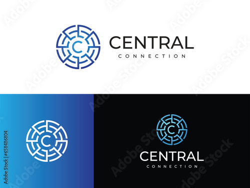 modern letter C central core connection circuit monogram logo ideas