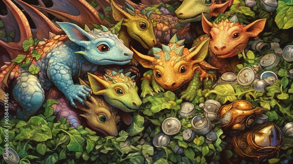 Tiny dragons napping on a pile of treasure. Fantasy concept , Illustration painting.