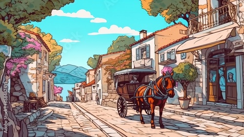 Tourist horse-drawn carriage in a historic town. Fantasy concept , Illustration painting.