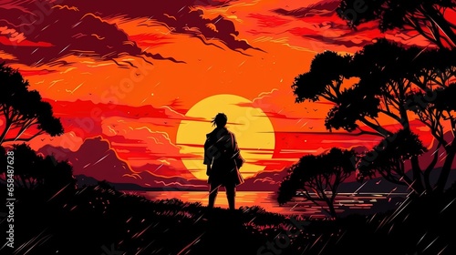 The silhouette of a samurai standing near a lake in the forest against the background of a night sunset. Fantasy concept   Illustration painting.