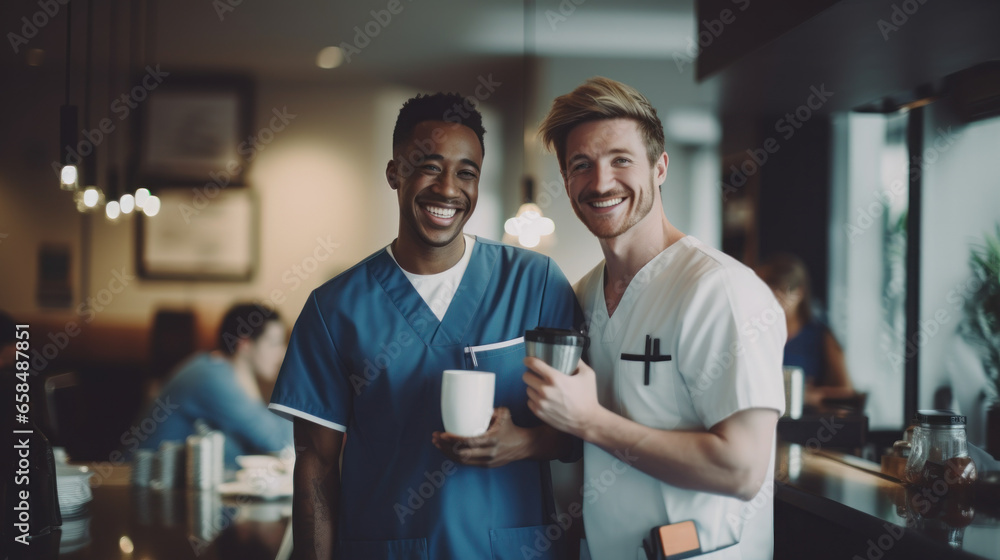A male nurse and his friend drank coffee in the shop before going to work A male nurse and his friend drank coffee in the shop before going to work
