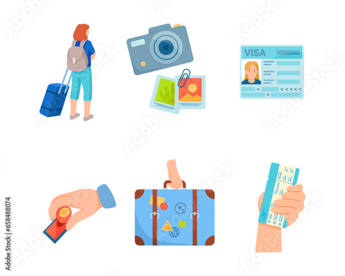 Traveler vector illustration set. Woman with backpack and suitcase, border crossing stamp, travel photos, visa application, air ticket in hand, travel suitcase. Voyage, journey, travel concept