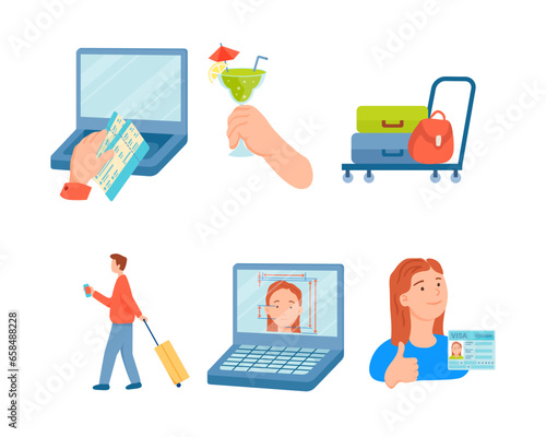 Vacation vector illustration set. Purchase of air tickets, luggage trolley with suitcases, data verification, visa reception, man with suitcase, cocktail in hand. Journey, rest, travel concept
