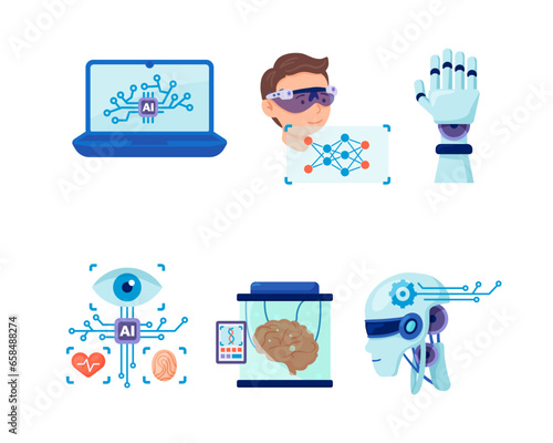 Artificial intelligence vector illustration set. AI program on laptop, artificial intelligence replacing senses, VR glasses, artificial limb, work of brain, robot head. Science, technology concept.