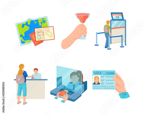 Customs control at airport vector illustration set. Queue for verification, personal identification, check-in for flight, visa in hand, choosing destination. Customs, check-in, travel concept