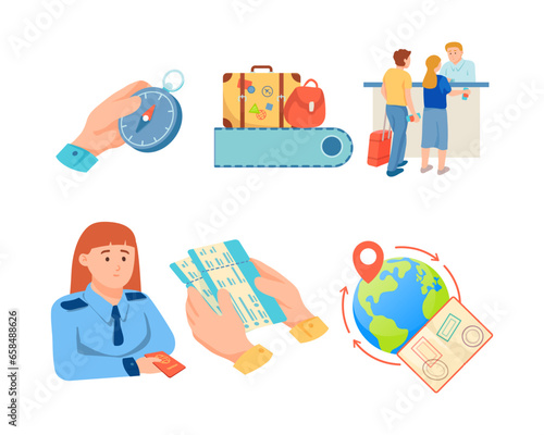 Departure vector illustration set. Check-in for flight, air tickets in hand, destination, customs, choosing route by compass, baggage carousel with backpack and suitcase. Trip, journey, travel concept