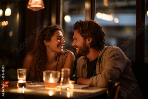 Lifestyles  relationship concept. Beautiful couple take dinner in cozy restaurant. Two young happy people spending time together. Generative AI
