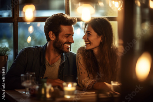 Lifestyles, relationship concept. Beautiful couple take dinner in cozy restaurant. Two young happy people spending time together. Generative AI