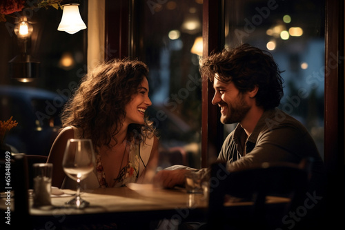 Lifestyles, relationship concept. Beautiful couple take dinner in cozy restaurant. Two young happy people spending time together. Generative AI photo