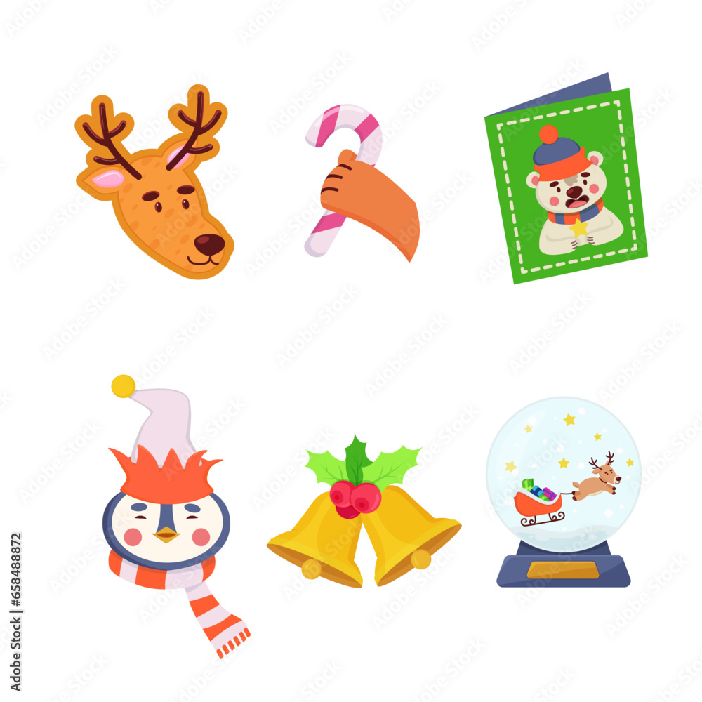 Cartoon set of Christmas icons. Reindeer, candy cane, Christmas card, bells illustrations in cartoon style. Holiday, decoration, celebration concept Cartoon set of Christmas icons. Reindeer, candy cane, Christmas card, bells illustrations in cartoon style. Holiday, decoration, celebration concept