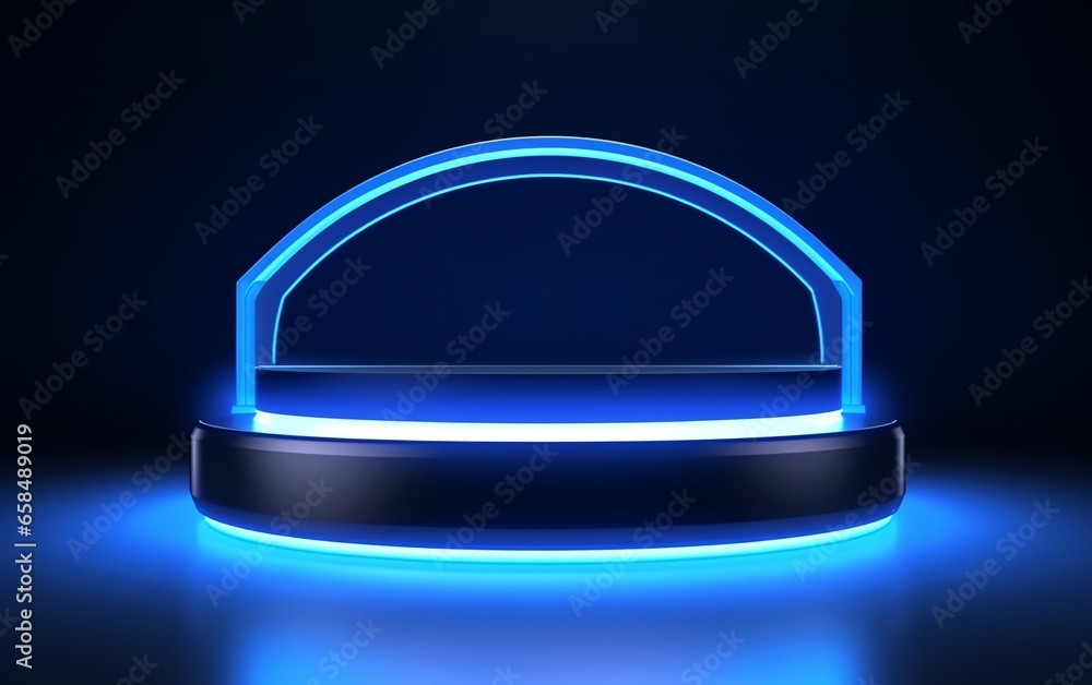 empty blue neon podium on dark background empty blue neon podium on dark background