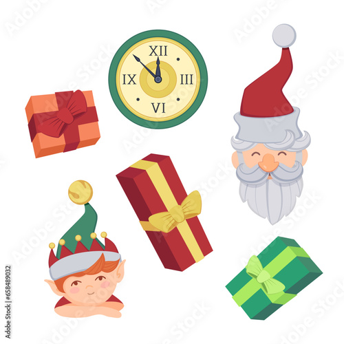Christmas icon set with gift boxes, Santa Clause, elf and clock striking twelve. Vector illustrations in cartoon style. Holiday, celebration concept