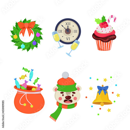 Christmas ornaments icon set. Clock with flutes of champagne, decorative wreath, teddy bear, bell and bag with candies illustrations in cartoon style. Holiday concept