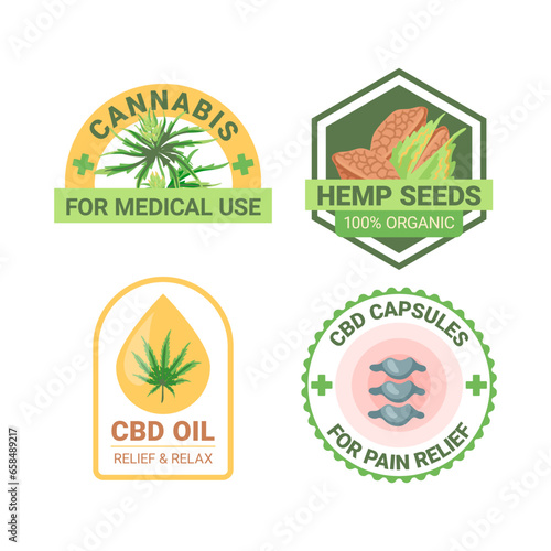 Modern graphic set for logo. Cannabis for medical use, hemp seeds, CBD oil, capsule for pain relief vector emblems
