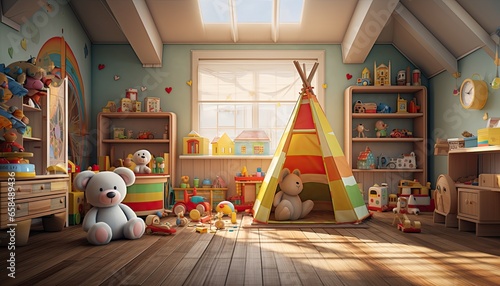 Playroom for children with classic toys as backdrop for studio photo of child photo