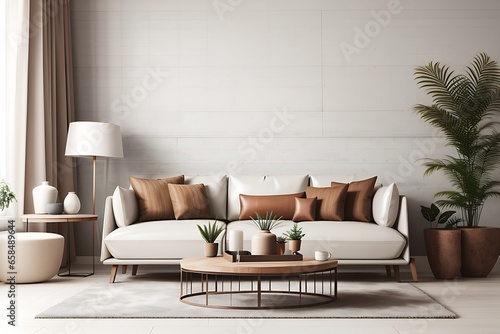 Interior living room wall mockup with leather sofa and decor on white background  comfortable