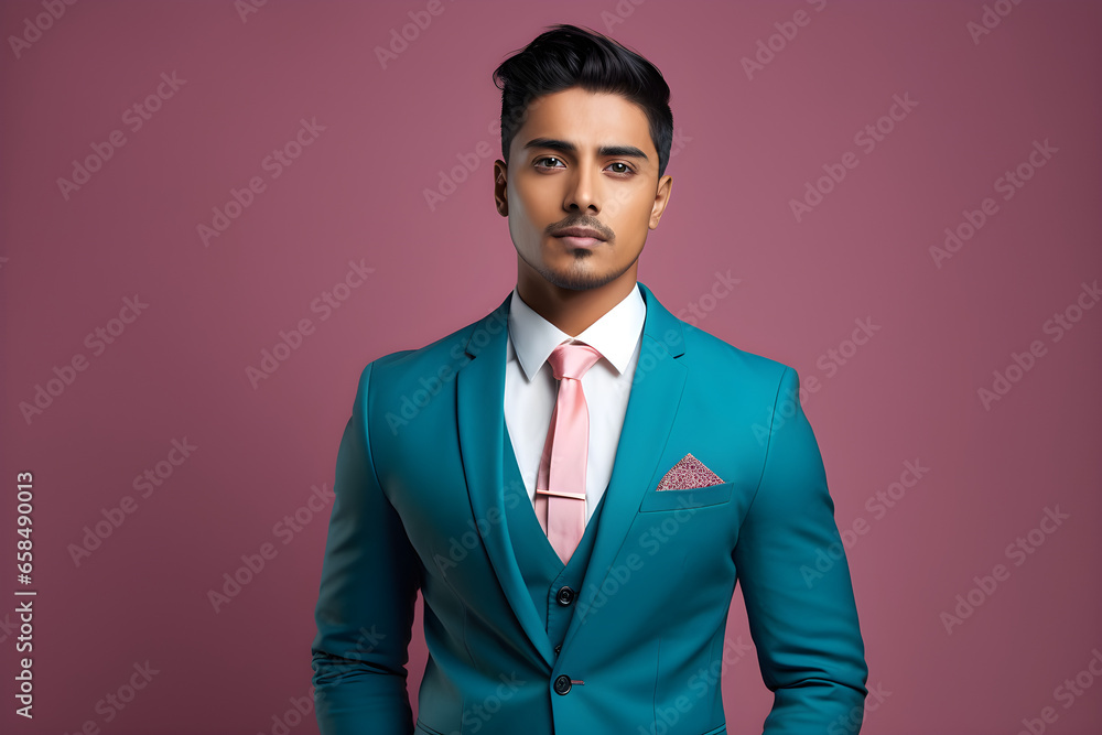 Handsome Indian man in blue business suit on bright pink colour background, colourful studio portrait Handsome Indian man in blue business suit on bright pink colour background, colourful studio portrait