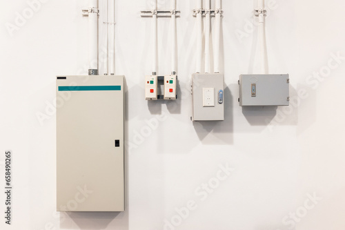 Electric control panel power supply boxs on wall background